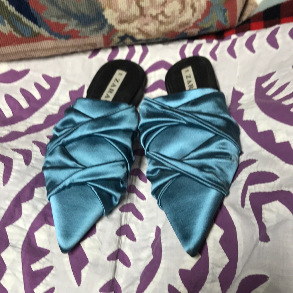 Zara turquoise satin mule flats